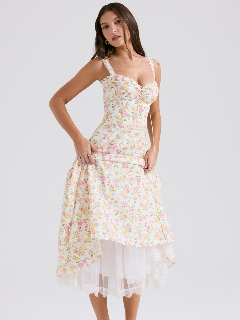 House Of Cb 'Rosalee' Pink Meadow Print Cotton Bustiersundress Nwot